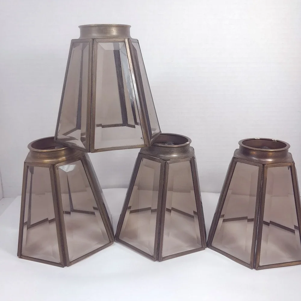 Vintage Smoked Glass Ceiling Fan Light Shades x4 Hexagon Beveled 6 sided brass